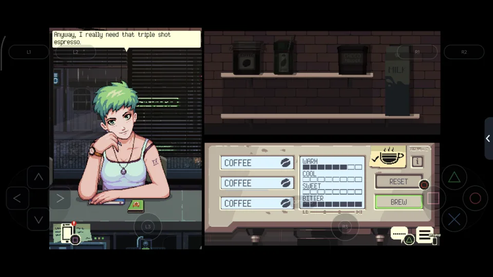 Published gameplay capture of Coffee Talk in LSX4